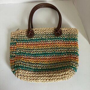 Vintage Cappelli Straworld Handbag Multicolor Boho Woven Raffia With Handles.